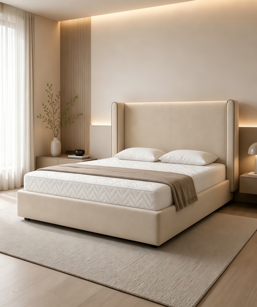 Luxury Upholstered Wingback Bed – Italian Minimalist High Headboard Bed - 图片 4
