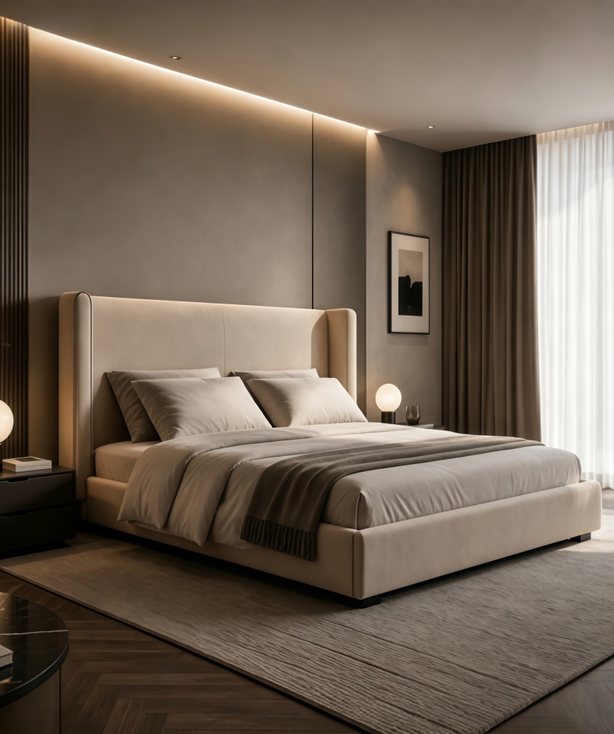 Luxury Upholstered Wingback Bed – Italian Minimalist High Headboard Bed - 图片 3