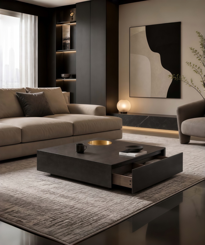 Italian Minimalist Square Coffee Table with Storage Drawer and Brass Accent - 图片 3