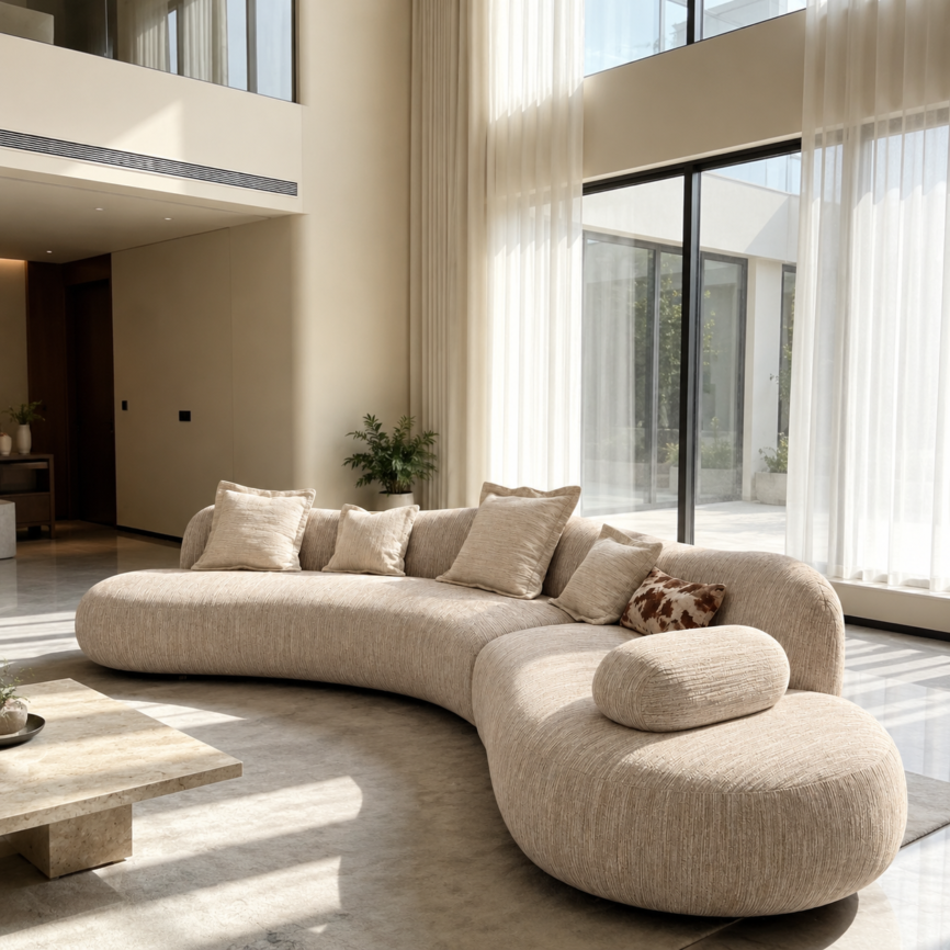 STANDEE's Modern Curved Sectional Sofa is an Italian-inspired contemporary sofa featuring a sculptural curved silhouette, deep comfortable seating, textured fabric upholstery, and a warm neutral finish, designed for modern and luxury living spaces.