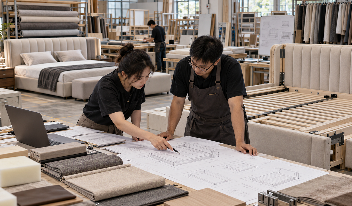 Illustration of furniture makers reviewing bed drawings and upholstery materials