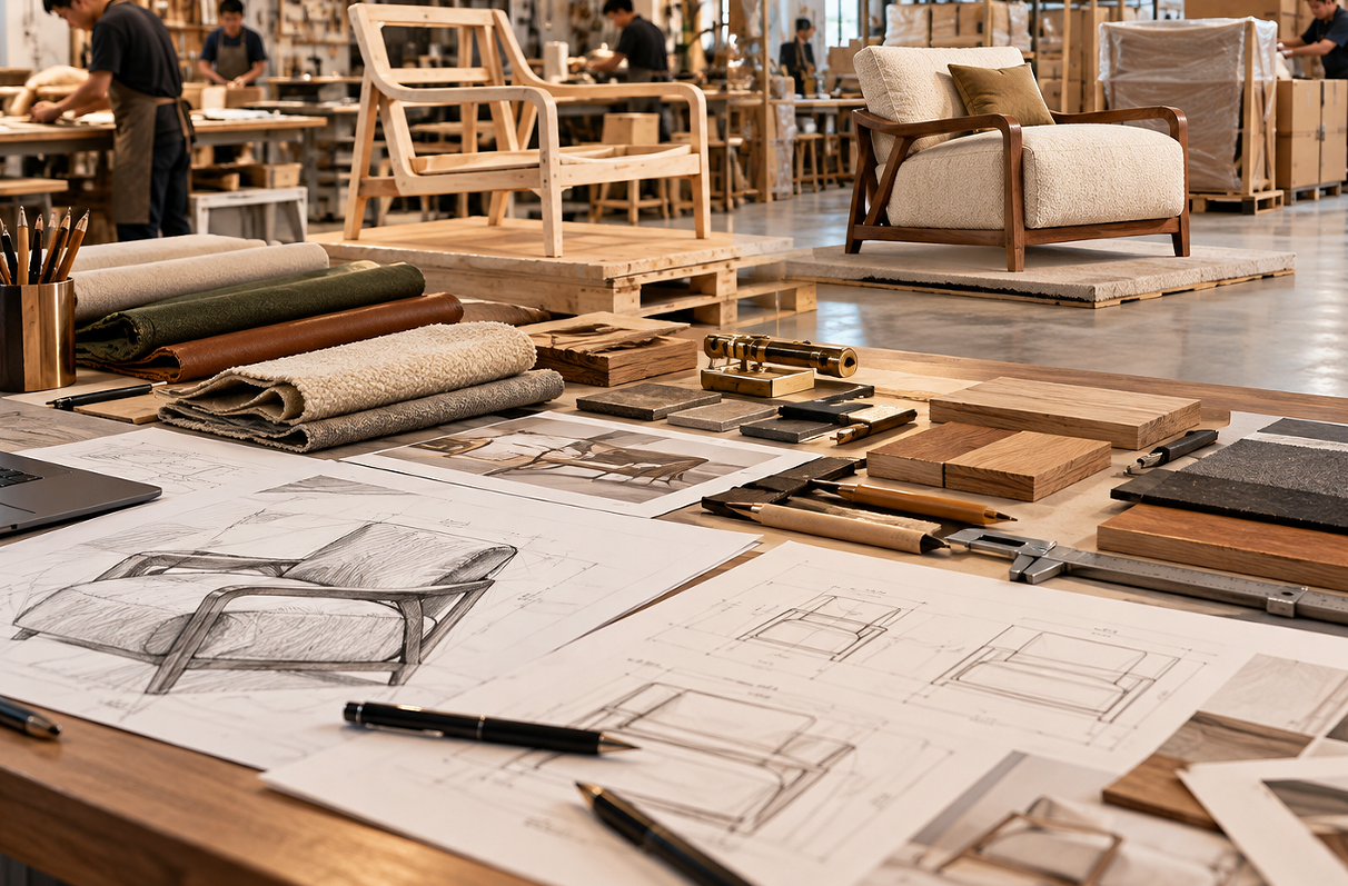 Illustration of furniture design drawings, materials, chair frames and a finished armchair