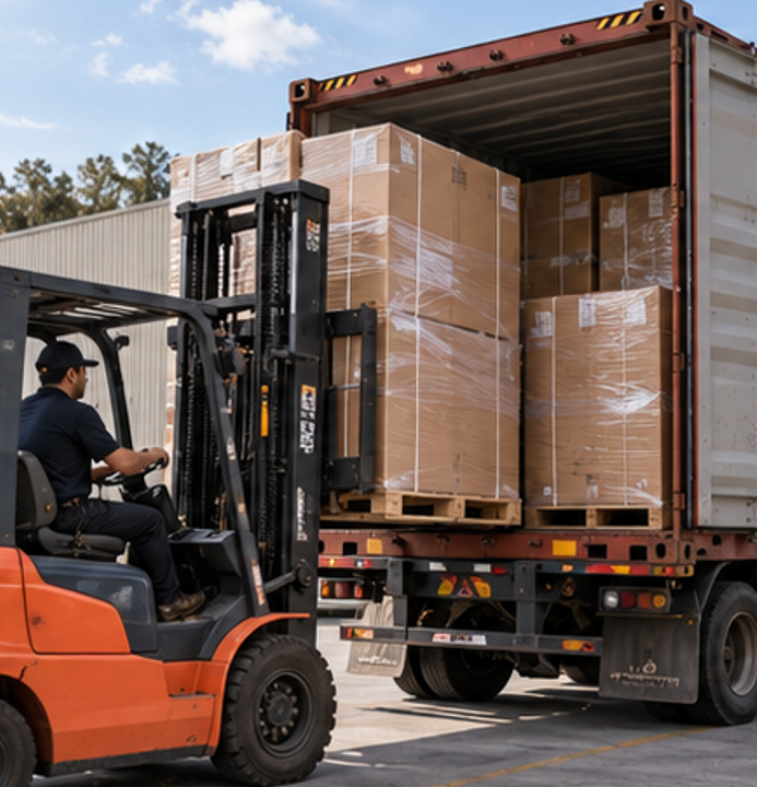 Illustration of a forklift loading wrapped cartons into a shipping container