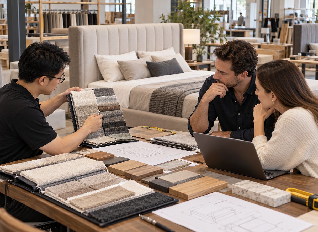 Illustration of a team reviewing upholstery fabric and material samples for a bed