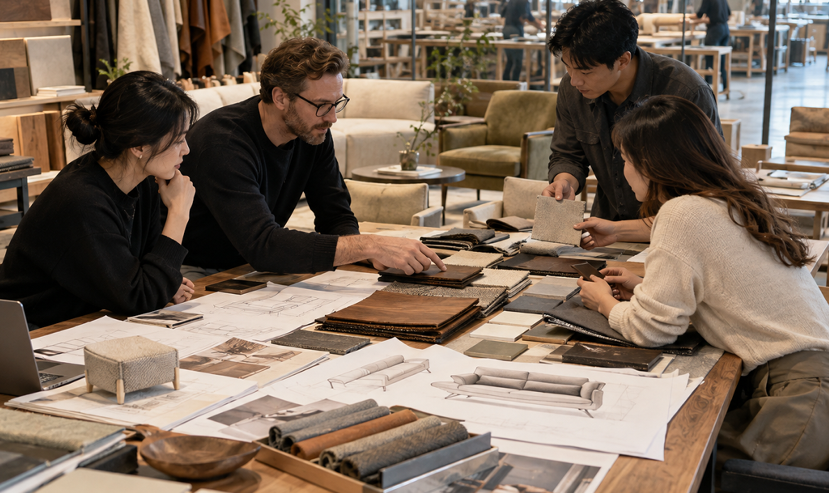 Illustration of a furniture design discussion with upholstery swatches and drawings