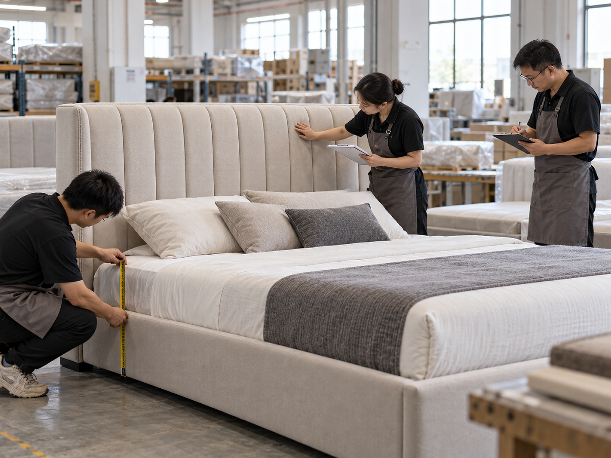 Illustration of workers inspecting an upholstered bed and checking its dimensions
